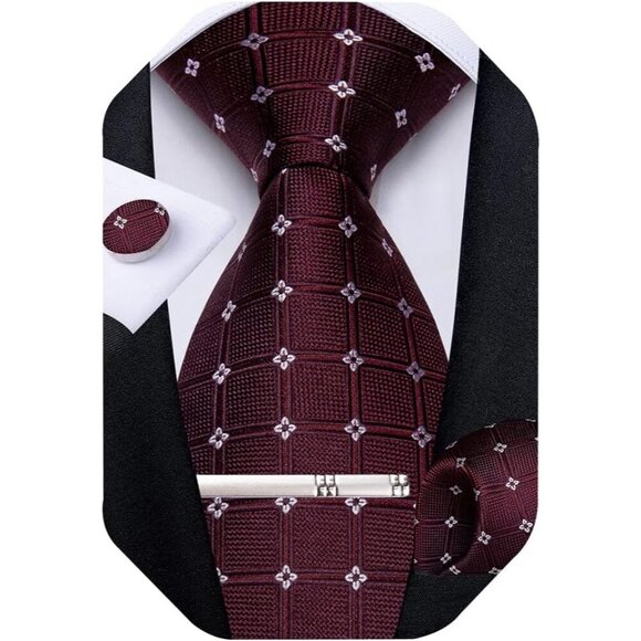 🆕Men Purple Plaid Silk Checkered Necktie Pocket Square Cufflinks Tie Clip Set - Picture 1 of 8